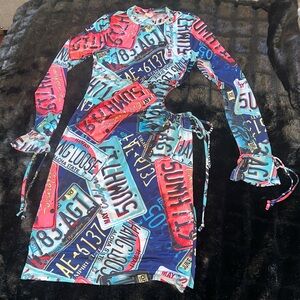 Colorful License Plate Print Dress with Cutout and side split